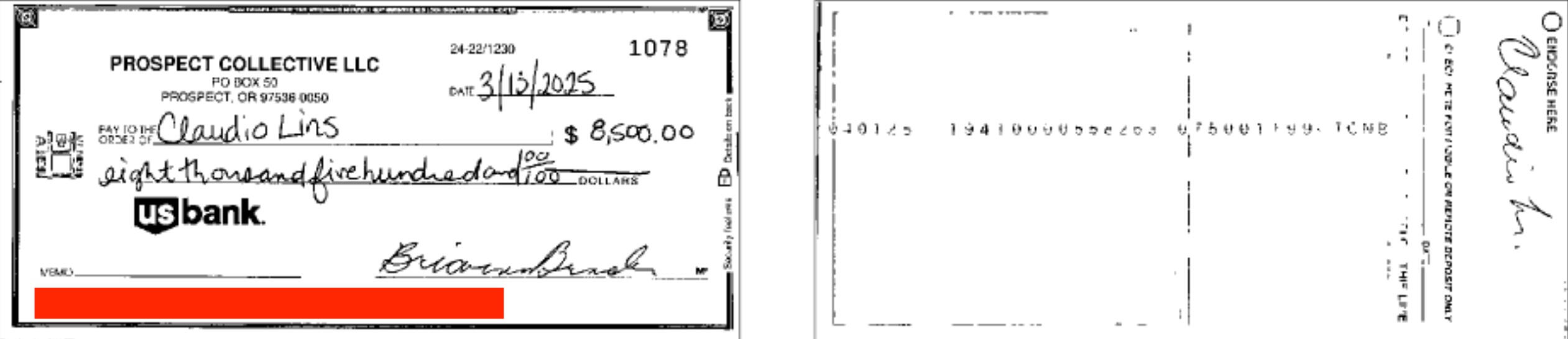 An unapproved check that Andrea sent to her father, Claudio Lins
