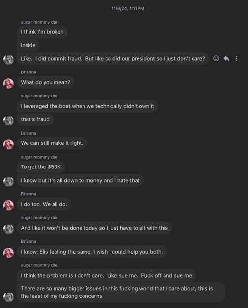Andrea admitting to our internal group that she had committed fraud